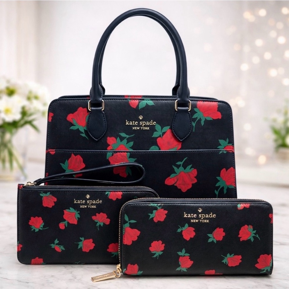 ☀️Kate Spade Madison Rose Toss (NWOT) & matching Wallet & wristlet (EUC) 3pc Set